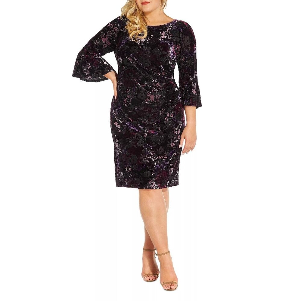 Adrianna Papell Black and Purple Velvet Floral Sheath Dress
